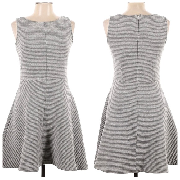 LOFT Gray Ribbed Fit & Flare A-Line Sleeveless Dress with Stretch, Cotton , 6 - Picture 3 of 5